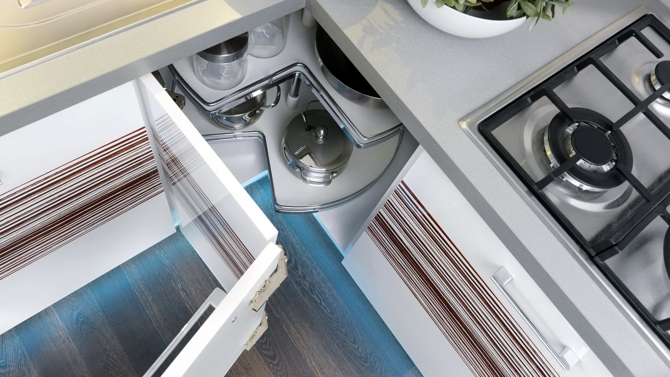 Механизмы открывания угловых кухонных шкафов