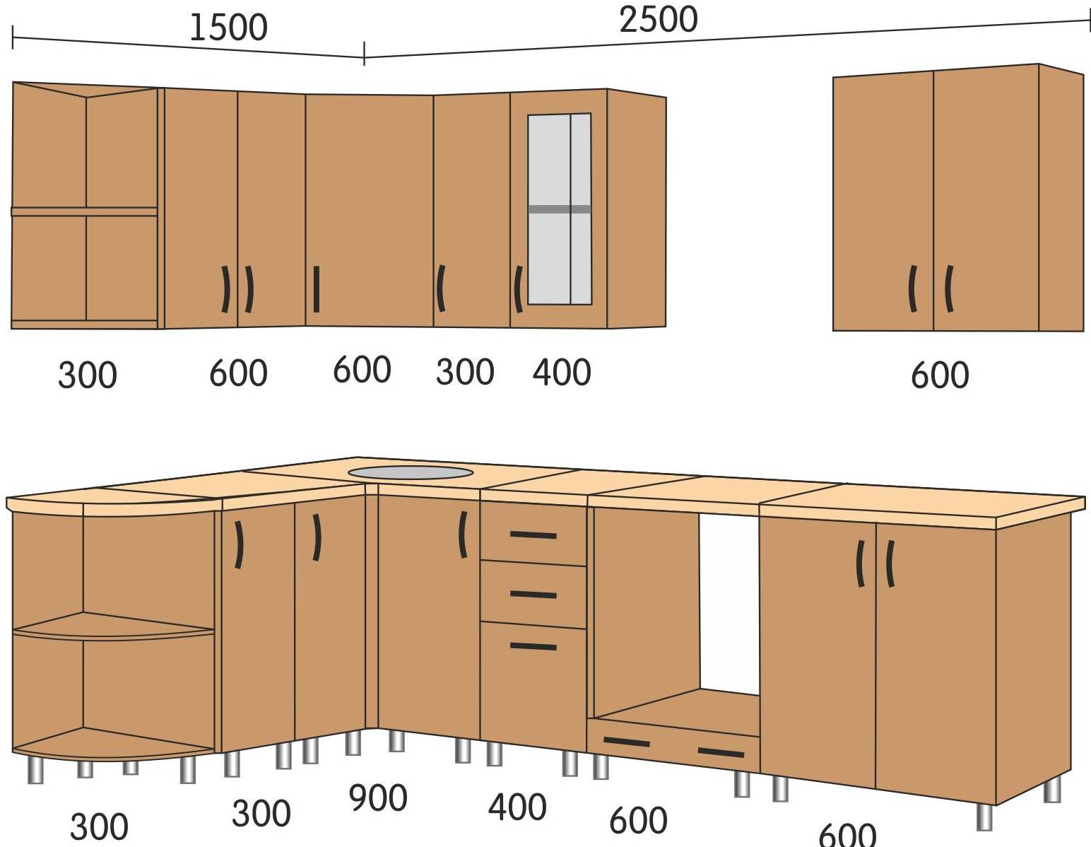 Чертежи навесных кухонных шкафов с размерами